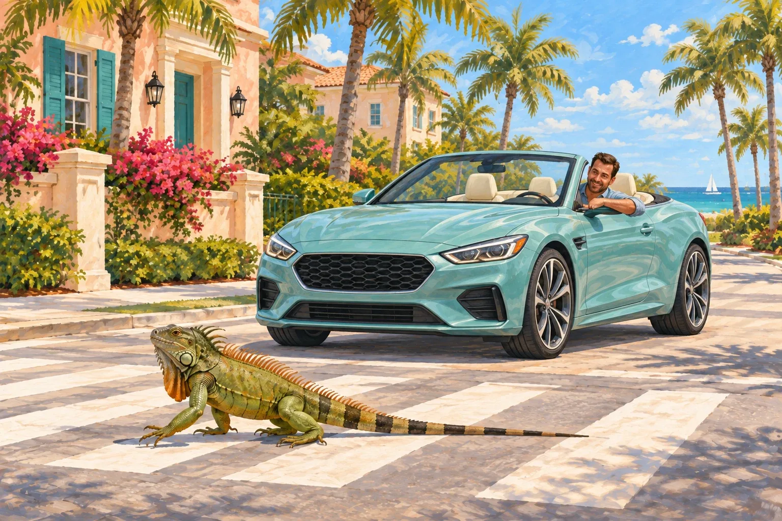 Painted illustration: an iguana strolling across a crosswalk on a palm-lined Florida street while a smiling driver in a teal convertible waits for it.