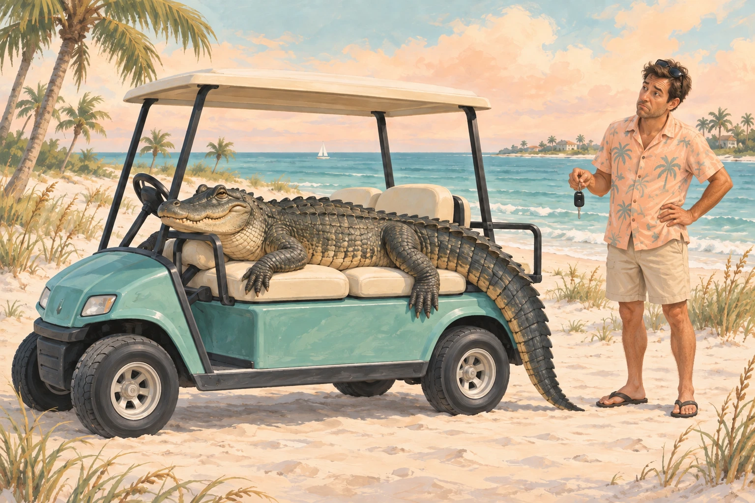 Painted illustration: an alligator stretched across the seats of a teal golf cart on a Florida beach, while the owner in a palm-print shirt stands holding the keys.