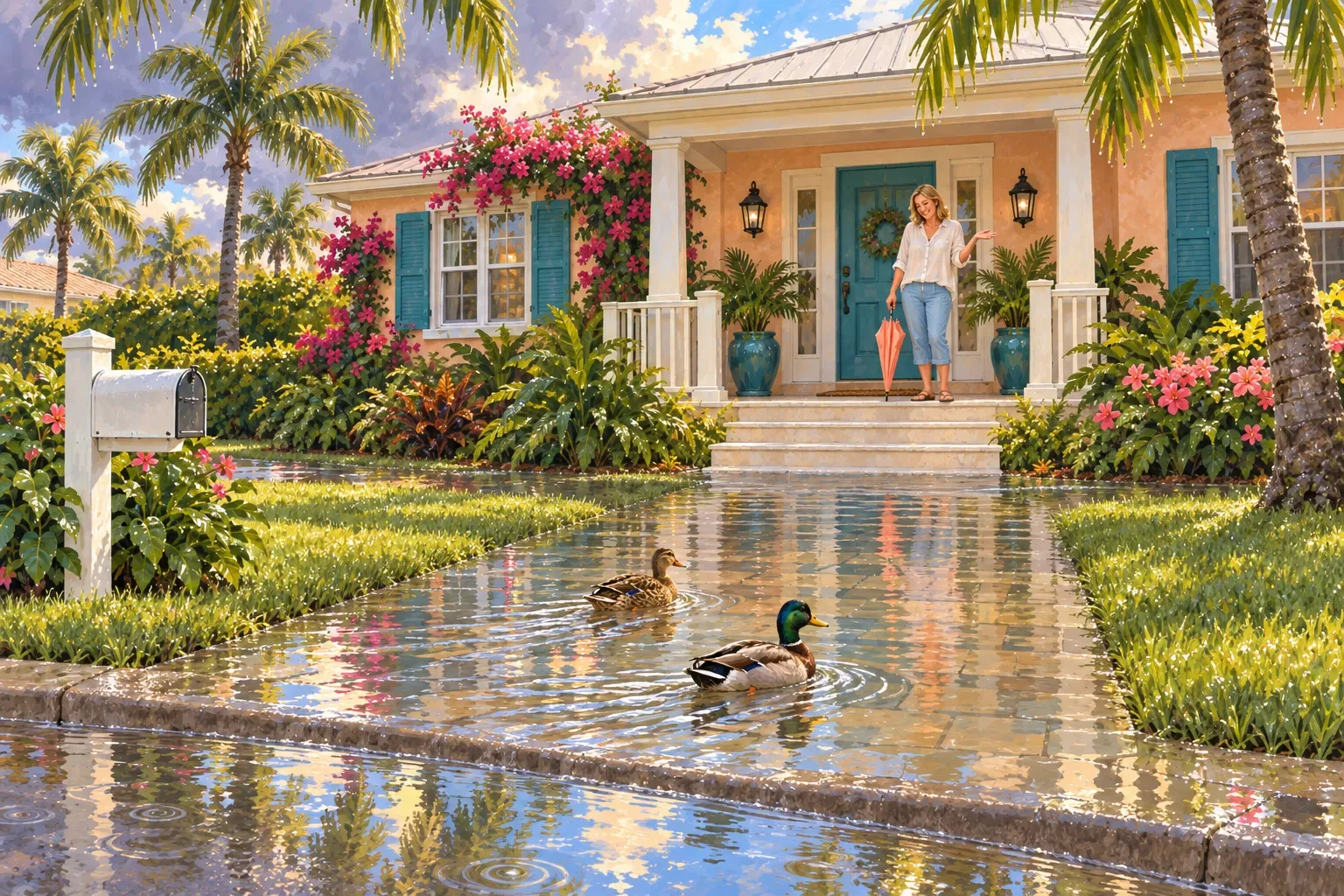 Painted illustration: after a Florida downpour, two ducks paddle up a flooded front walk while the homeowner laughs from the porch steps, umbrella in hand.