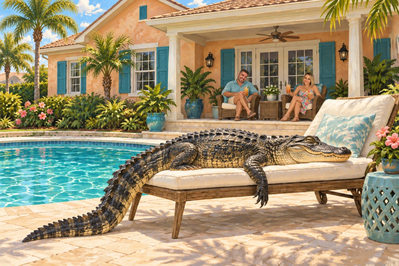 Painted illustration: an alligator dozing on a poolside lounger behind a peach Florida house, while a couple on the porch raise their drinks and laugh.